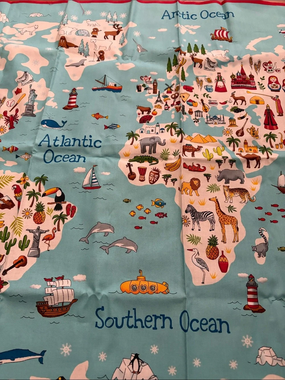 Children's World Map  on material Light Aqua with Colorful Icons